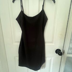 City Studios Black Spaghetti Strap Dress with rhinestone fringe.